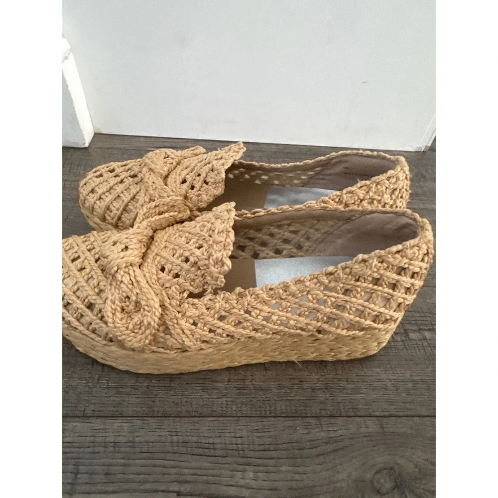 Dolce Vita Tan Woven Raffia Platform Loafers Knotted Bow Espadrille Shoes